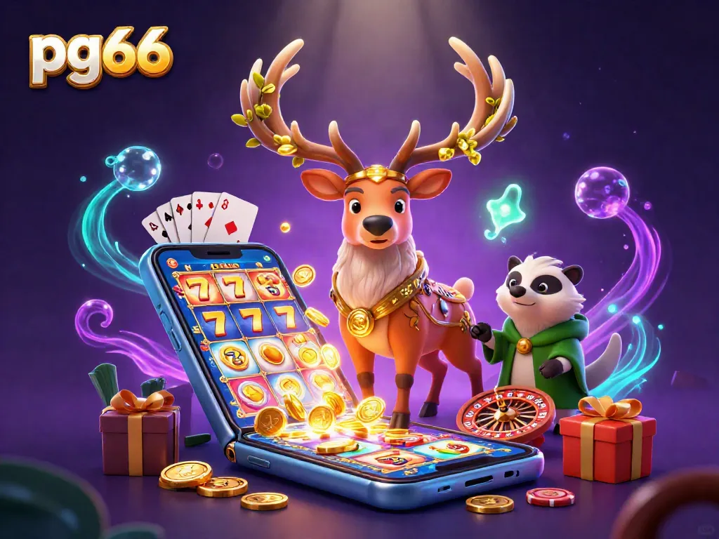 Engage with pg66's vibrant slot games featuring a druid and a wise badger amidst action-packed casino elements.