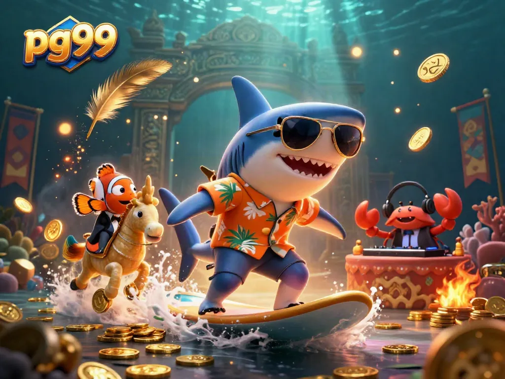 Surfing shark amidst gold coins representing pg99 casino excitement and winning chances.