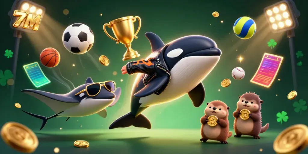 Experience the excitement of 7M with dynamic sports elements and playful characters promoting interactive betting.
