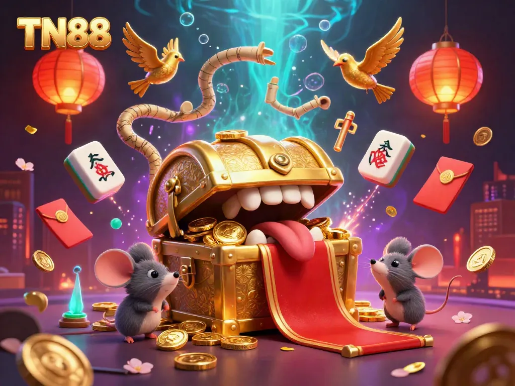 Join TN88 in a vibrant world of online gambling with golden treasures, festive decorations, and magical elements.