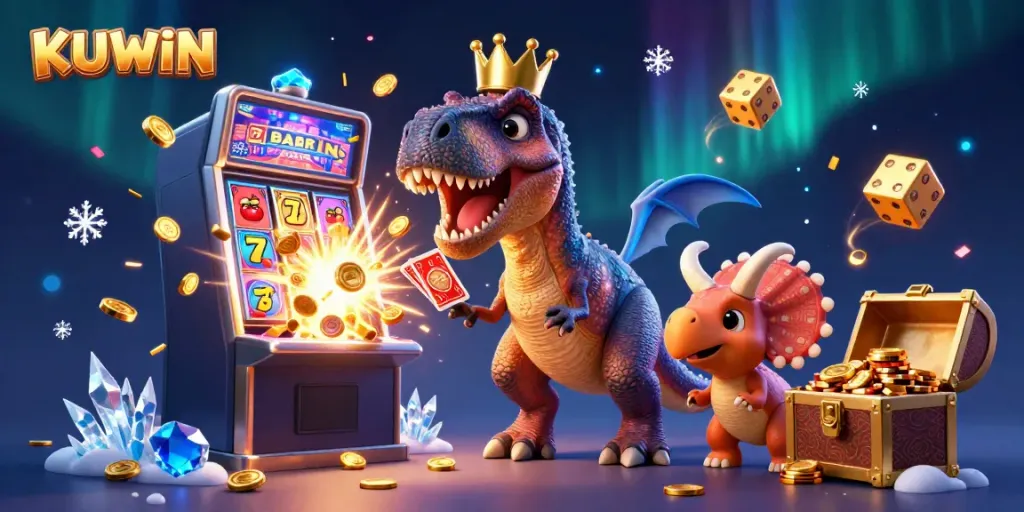 KUWIN's dynamic scene with a T-Rex card dealer and a baby triceratops stacking chips amidst vibrant casino elements.