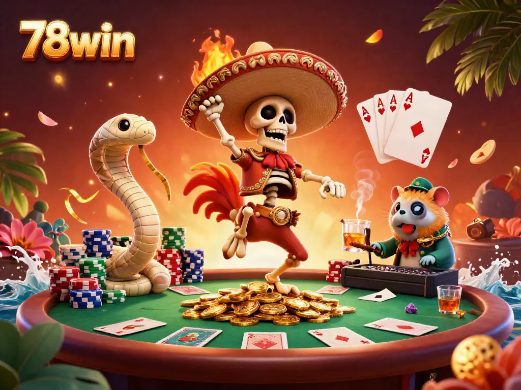 Engage with thrilling casino action at 78win featuring colorful poker elements and lively characters celebrating wins.