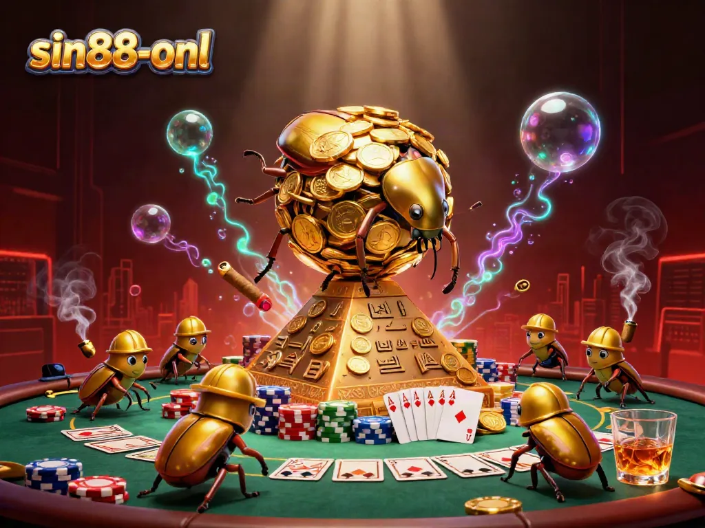 Experience thrilling gaming at sin88-onl while a massive golden dung beetle rolls coins up a pyramid in a vibrant casino.