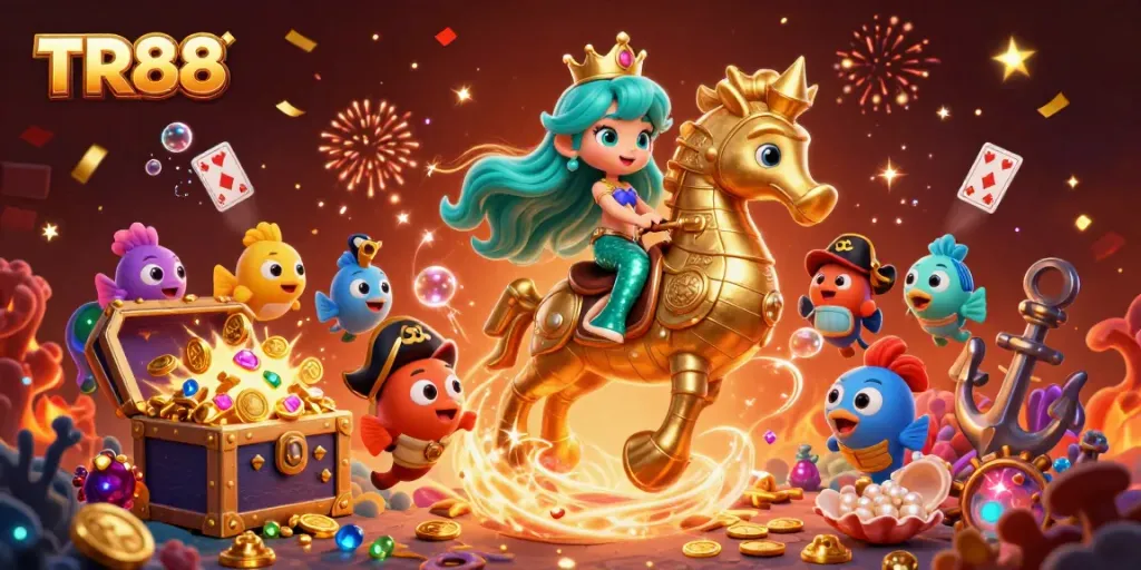 Experience TR88’s vibrant underwater casino adventure with a mermaid, seahorse, and treasure galore.