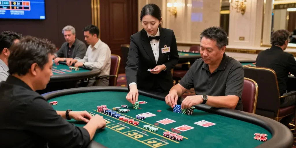 Casino gaming scene at https://fb88mx.com/ featuring players and dealers in a lively atmosphere.