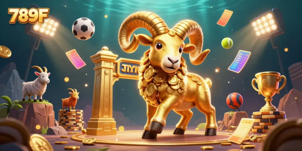Engage with 789F's immersive casino world through a vibrant 3D golden ram and sports elements.