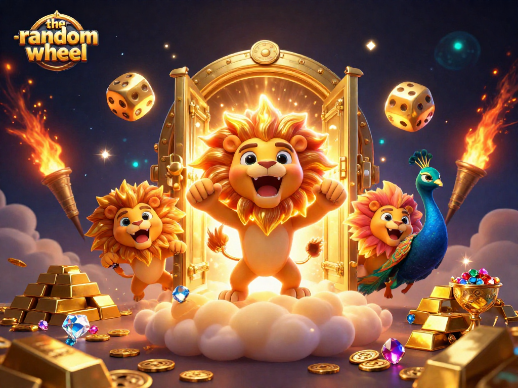 The-random-wheel captures thrilling moments of a majestic lion, golden dice, and a peacock in a dazzling casino.