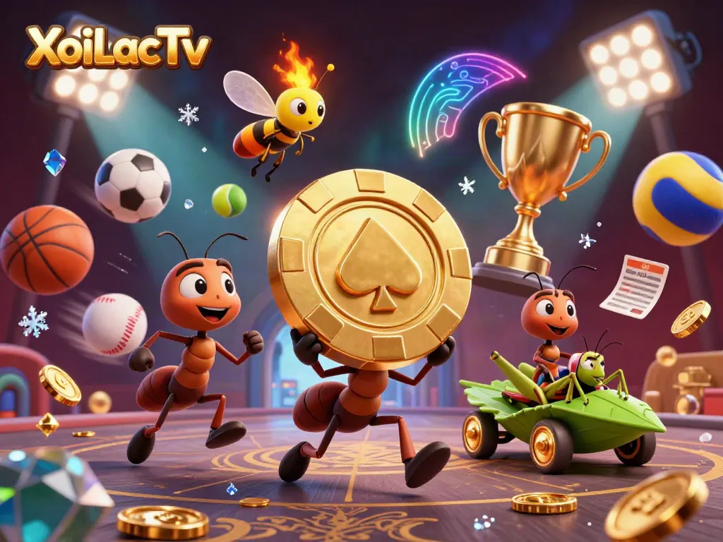 XoiLacTv showcases ants on a heist with a giant poker chip amid sports balls and a trophy.