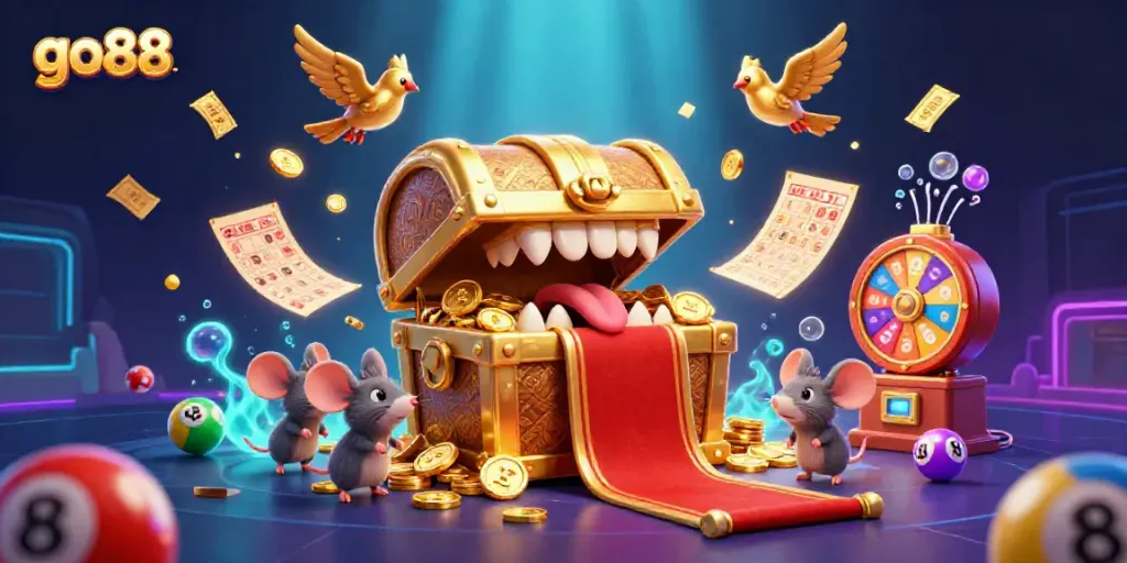 Engage with the vibrant excitement of go88, showcasing thrilling lottery elements and colorful characters in a lively casino setting.
