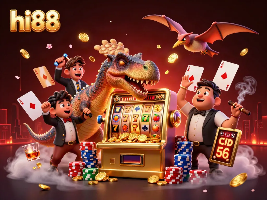 hi88 showcases a dinosaur-themed slot machine jackpot scene with vibrant casino elements.