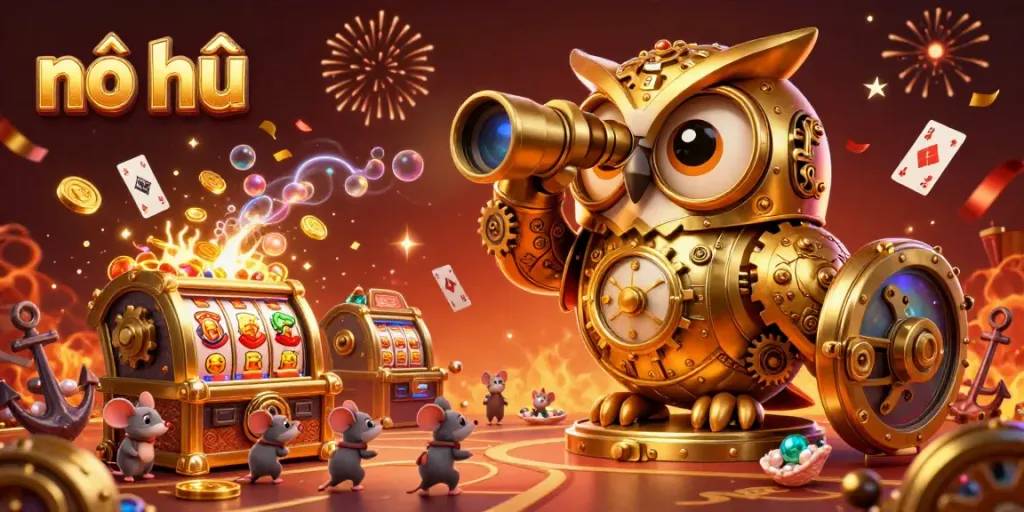 Experience nổ hũ excitement with a golden owl and animated casino scene filled with fortune elements.