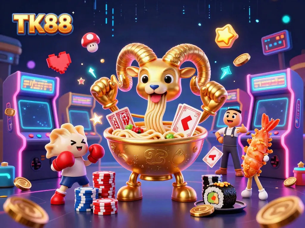 Engage with the vibrant casino scene of TK88 featuring a golden ramen bowl and dynamic gaming elements.