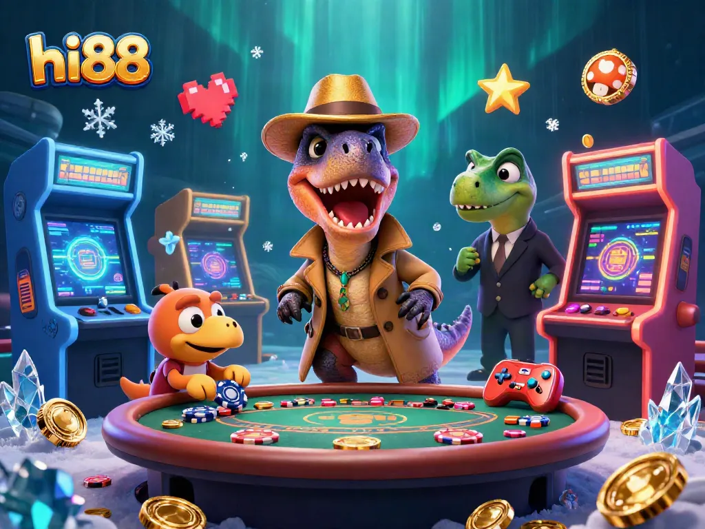 hi88 velociraptor counter plays blackjack with dynamic casino elements in a vibrant scene.