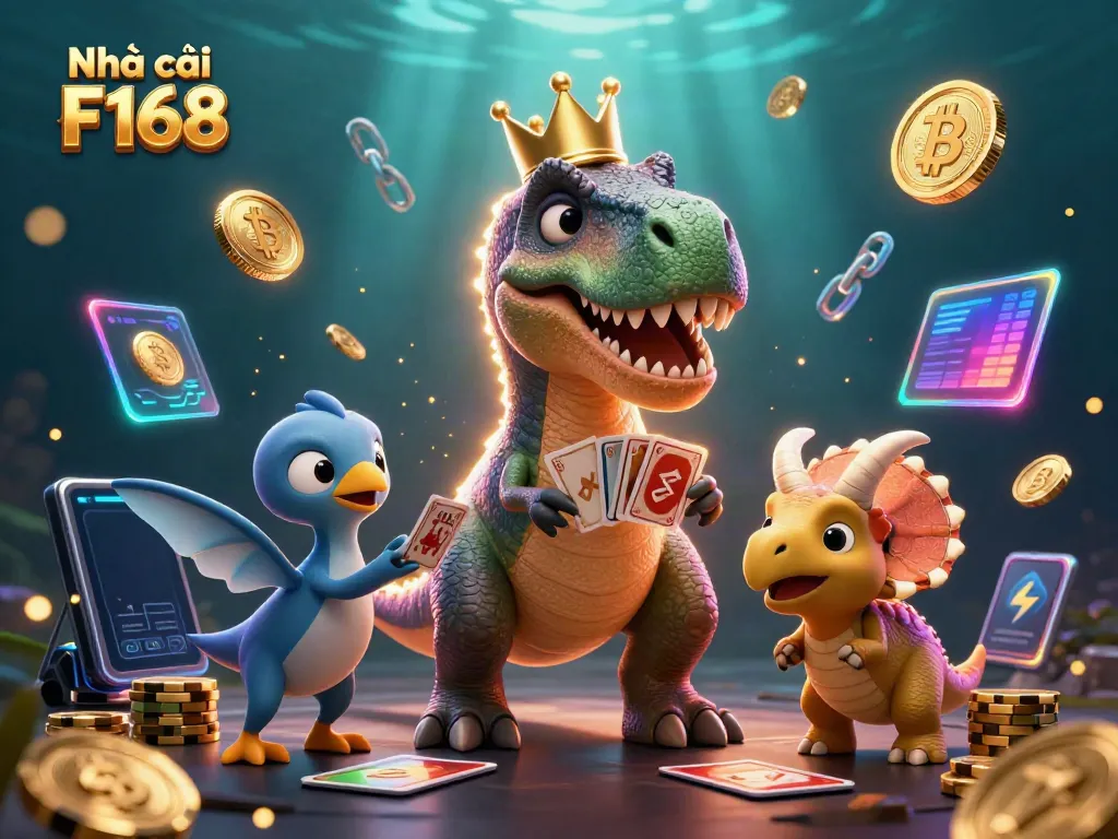 Engage with the vibrant world of Nhà cái F168 featuring a T-Rex card dealer, pterodactyl assistant, and triceratops with casino chips.