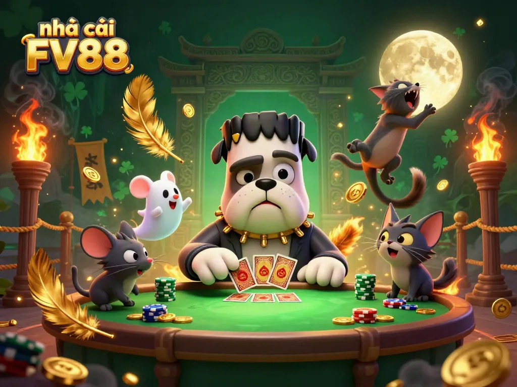 Experience thrilling card games at nhà cái FV88 with a whimsical casino atmosphere featuring unique characters.