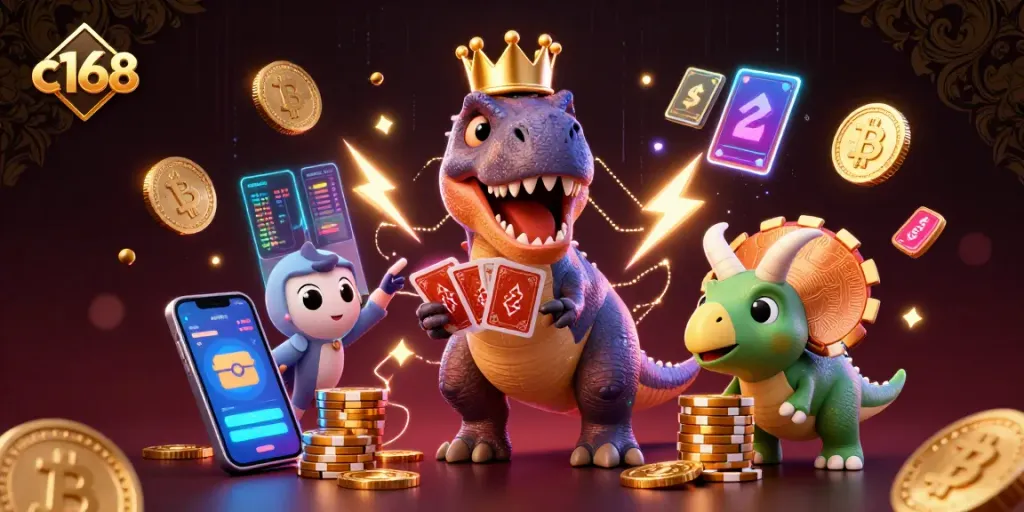 Play c168 with vibrant casino characters engaging in a card game amidst neon crypto elements.