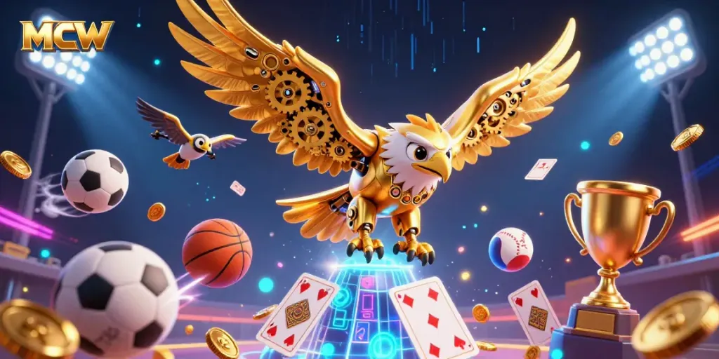 Experience the excitement of MCW's online gaming with a cybernetic eagle amid vibrant sports elements.