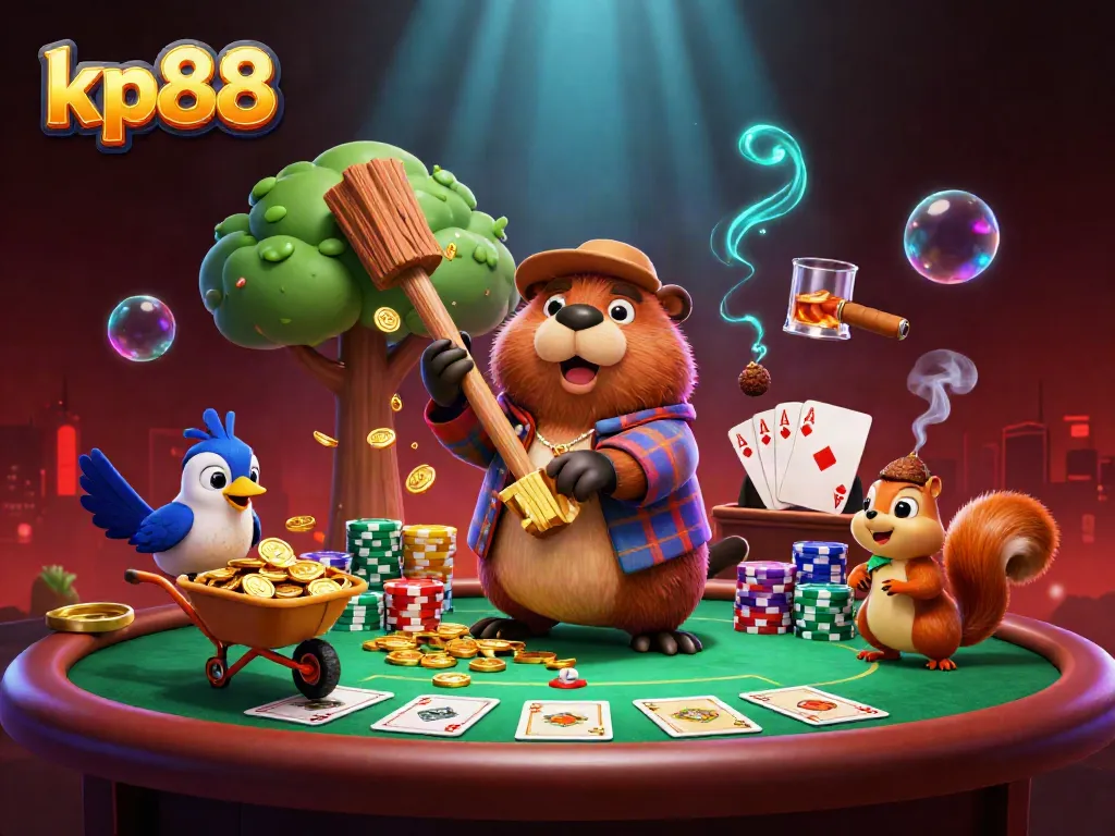 Experience the vibrant world of kp88, where cartoon characters enjoy casino fun and golden rewards rain from an enchanted tree.