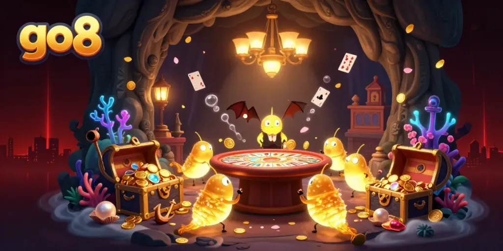 Experience the excitement at go8 with a vibrant casino illustrated scene filled with festive glowworms and game elements.