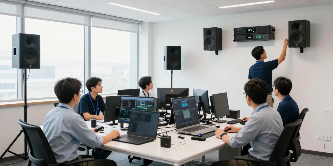 Sound system installation in a professional environment with AV technicians collaborating on high-quality equipment setup