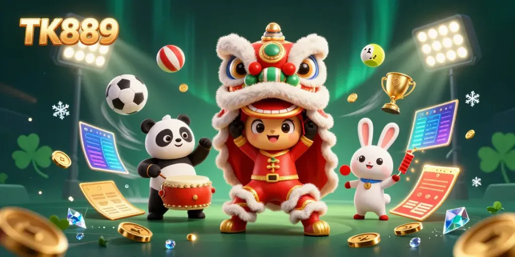 TK889 lively scene featuring a vibrant lion dance, sports elements, and festive decorations