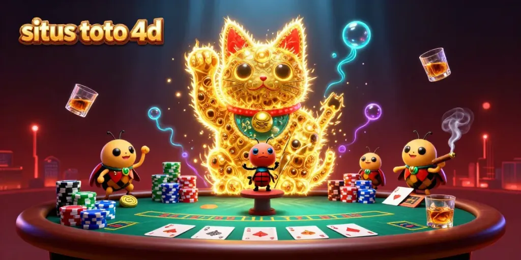 Experience situs toto 4d with a vibrant scene of gambling symbols and a lucky cat