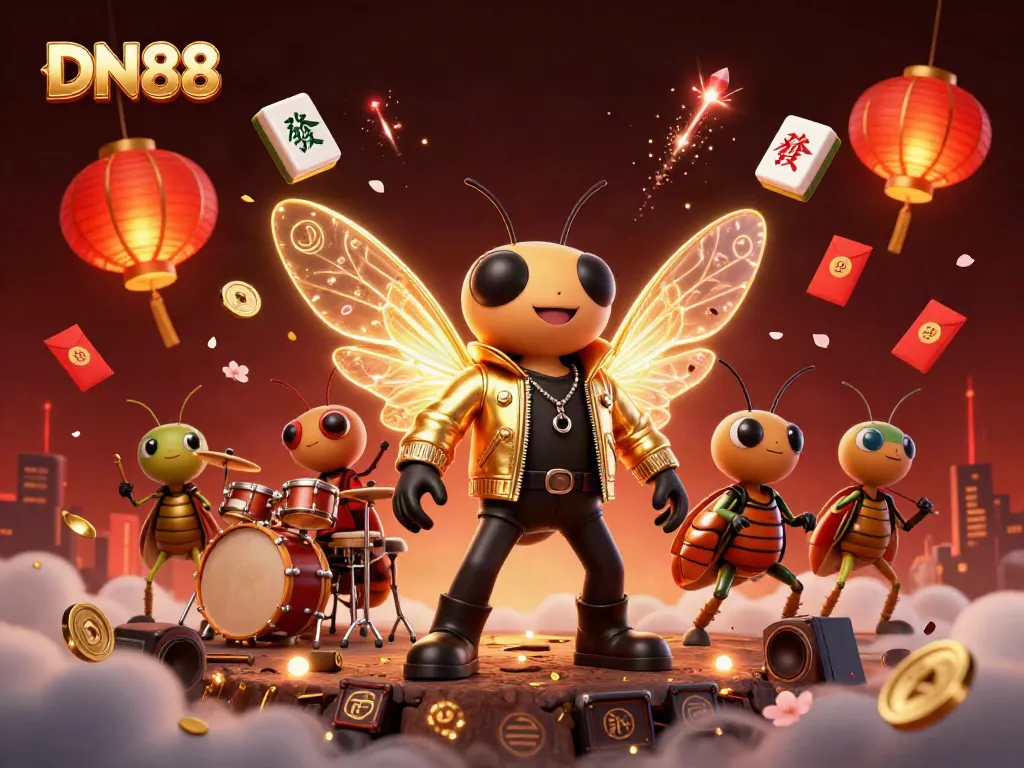 DN88 showcases an electrifying rock star cicada surrounded by vibrant casino elements illuminating the scene.