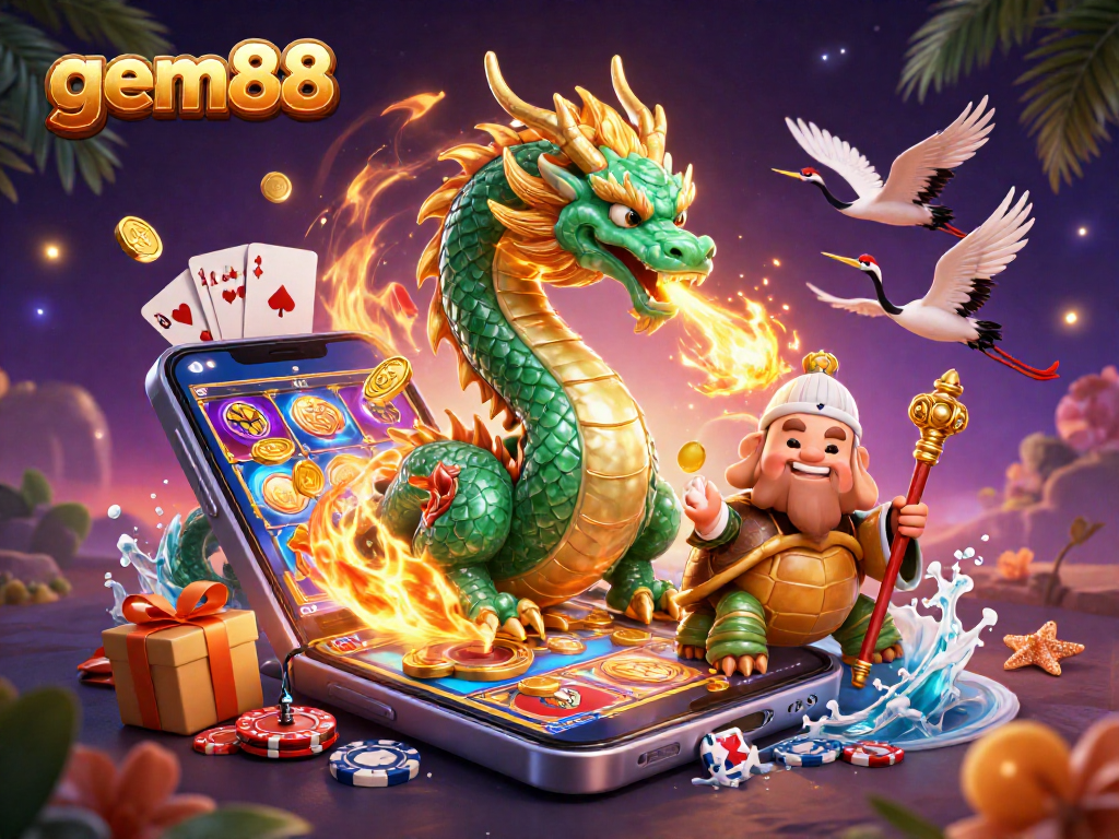 Engage in the thrilling world of gem88, where a jade dragon meets vibrant casino elements.