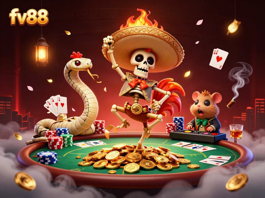 Experience the excitement of fv88 with a vibrant celebration of gaming elements and characters.