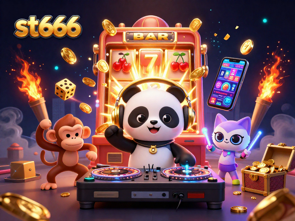 Experience the thrilling gameplay of st666 with a lively 3D illustration showcasing exciting casino elements.