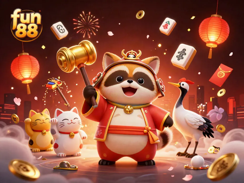 Experience fun 88 with a vibrant 3D party scene featuring tanuki and festive gaming elements.