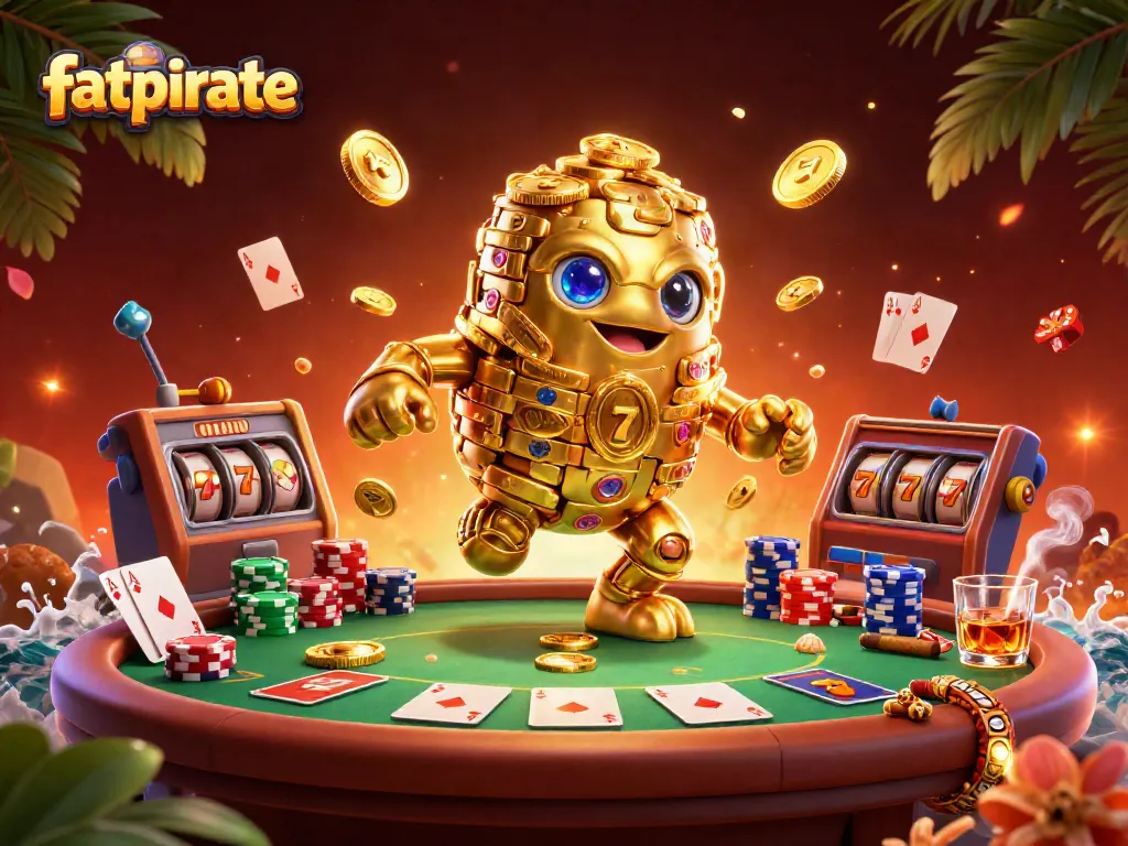 Engage with fatpirate as the golden golem spins in a rich poker scene, showcasing vibrant casino elements.