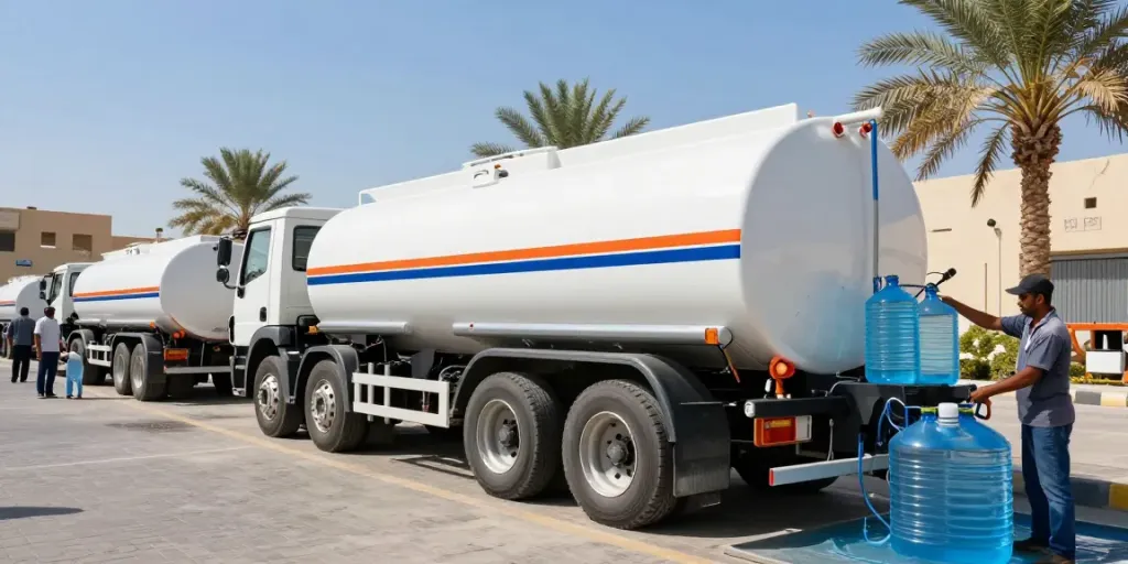 وايت ماء 18 طن الرياض showcased in a busy water supply depot, featuring a clean tanker being loaded with fresh water.