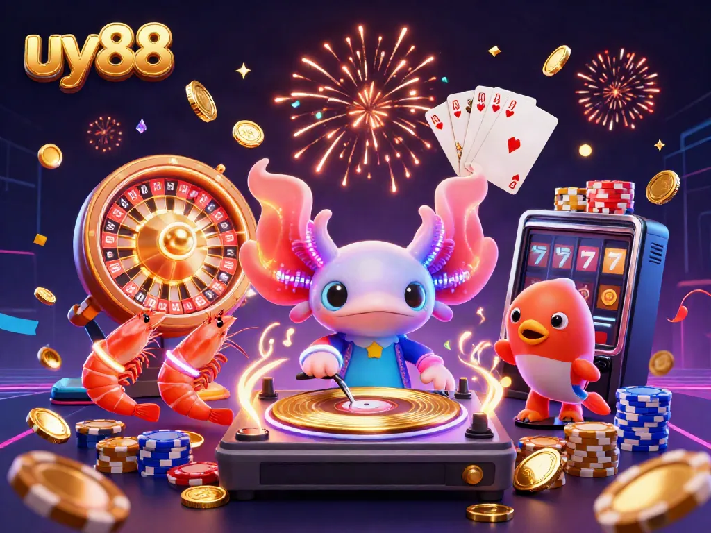Experience the thrill of uy88 with a vibrant casino scene featuring axolotl DJ and lively underwater characters.