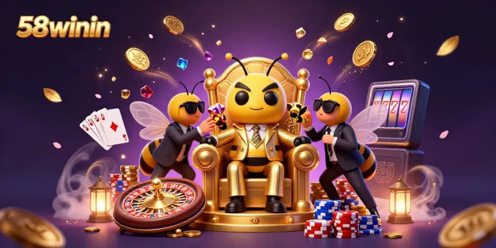 Experience the excitement of 58winin's dynamic casino scene with a bumblebee mob boss surrounded by rich gambling elements.