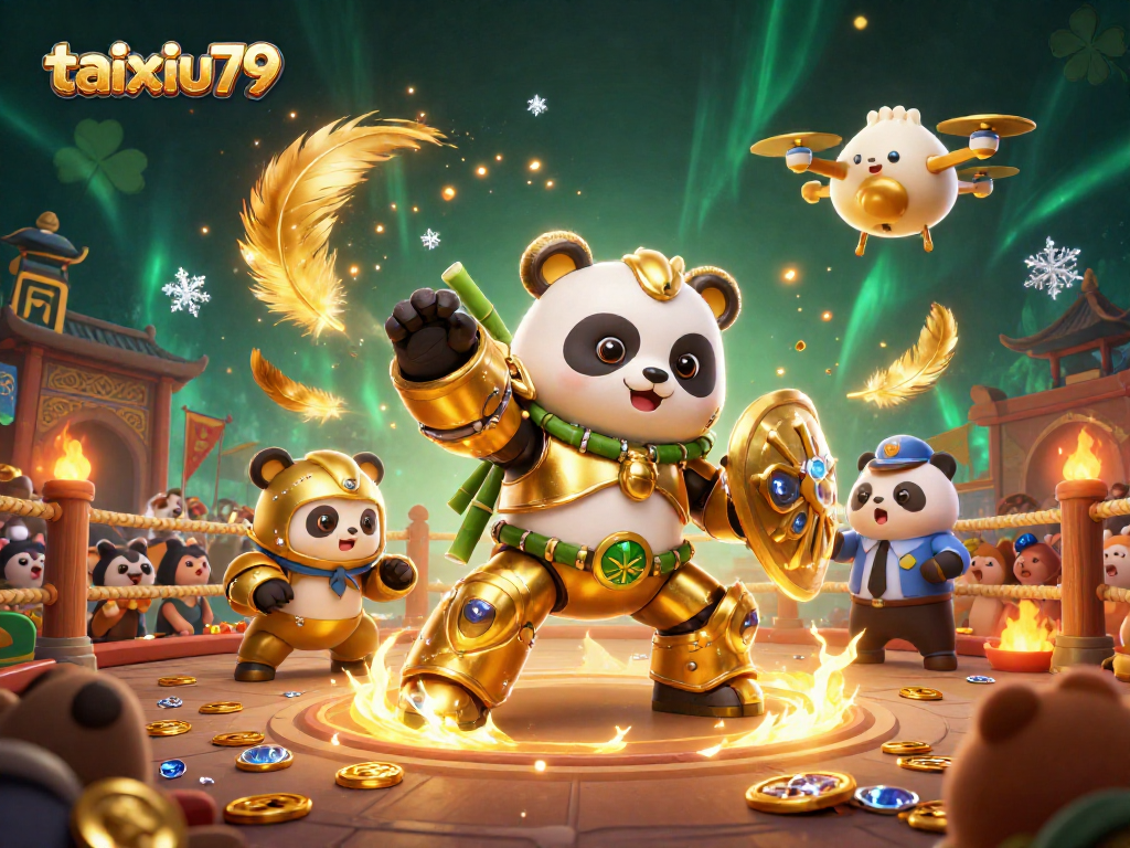 Experience thrilling taixiu79 gameplay with a mech-suit panda battling in a vibrant arena.