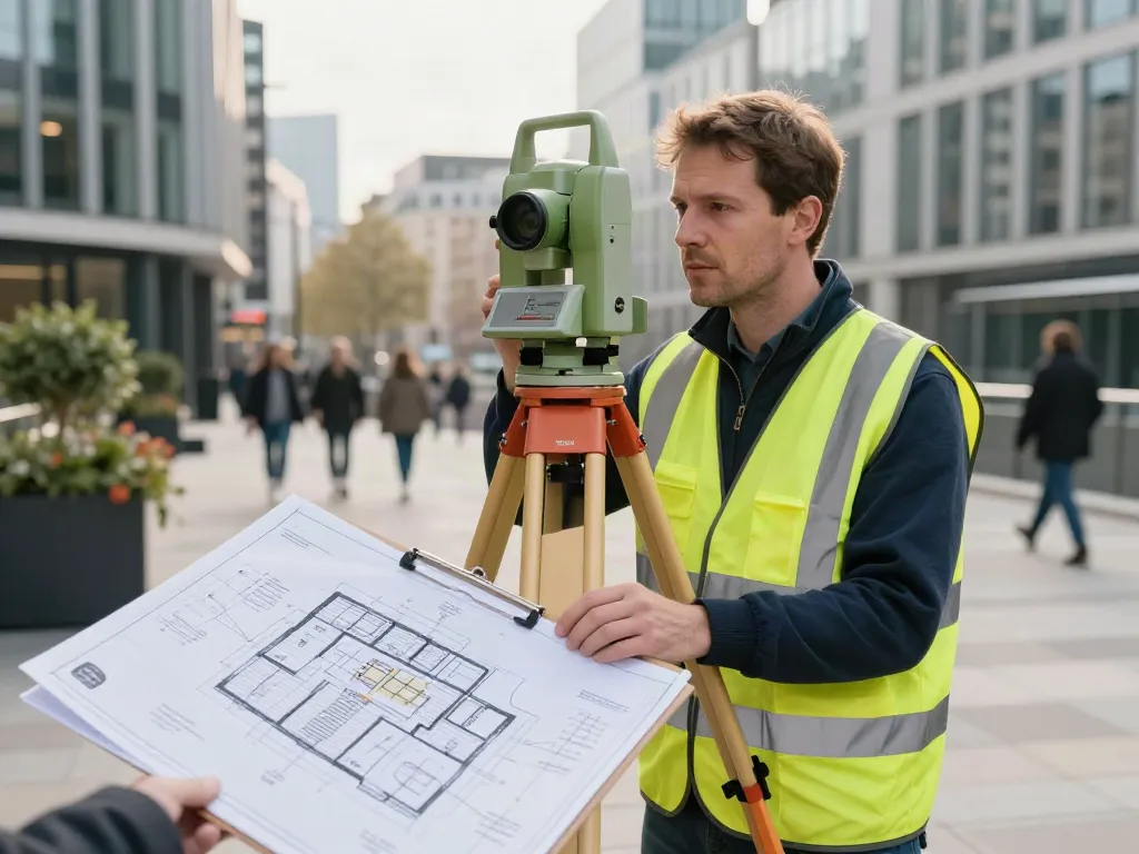 Accurate Measured Building Survey Surrey with a surveyor using a total station.