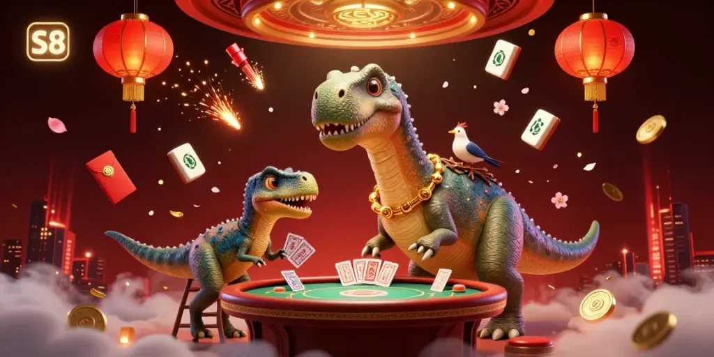Engage with S8's vibrant casino scene featuring a towering dinosaur dealer at a poker table, enhancing your gaming experience.