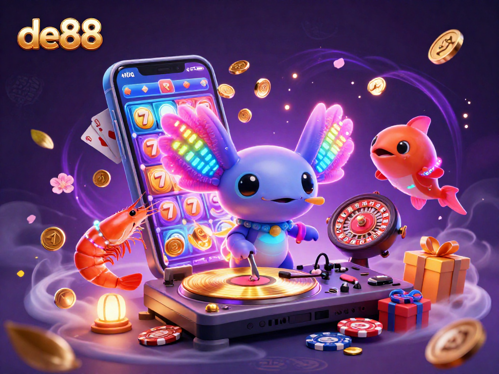 Experience thrill with de88 as the vibrant axolotl DJ spins slots amidst energetic sea creatures in a magical casino realm.