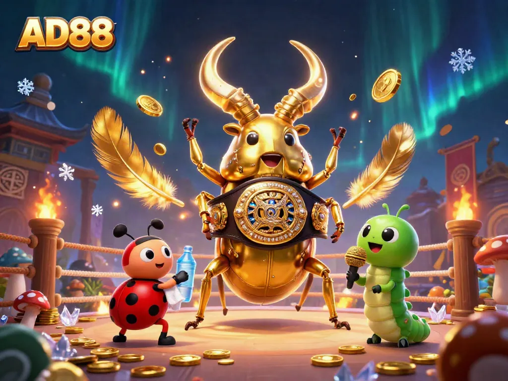 Engage with the AD88 world featuring a dynamic scene with a golden stag beetle champion and vibrant casino elements.