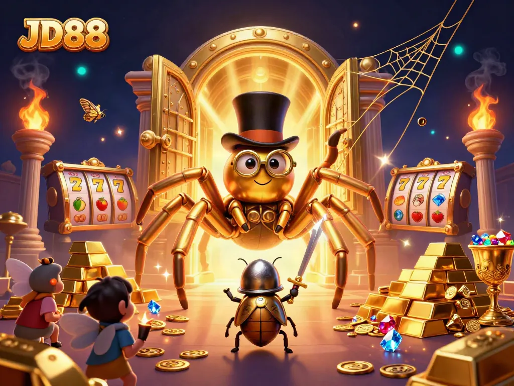 Experience thrilling gameplay with JD88 as the golden tarantula weaves fortunes amidst casino riches.