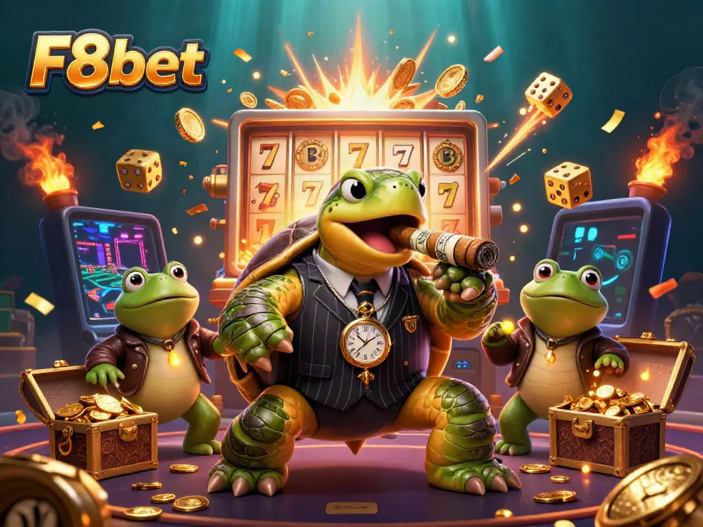 Experience the excitement and wealth of F8bet in this vibrant casino-themed illustration, showcasing dynamic characters and elements.
