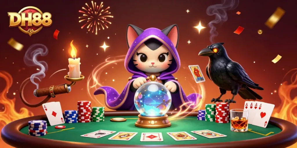 Engage with DH88 players at a dynamic poker scene featuring a mystical cat and raven.