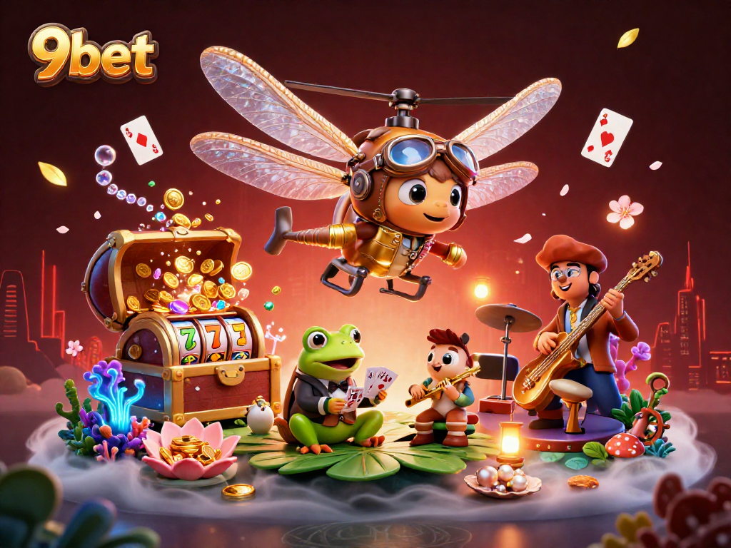 Experience 9bet's vibrant casino world with dragonflies, frogs, and thrilling game elements.