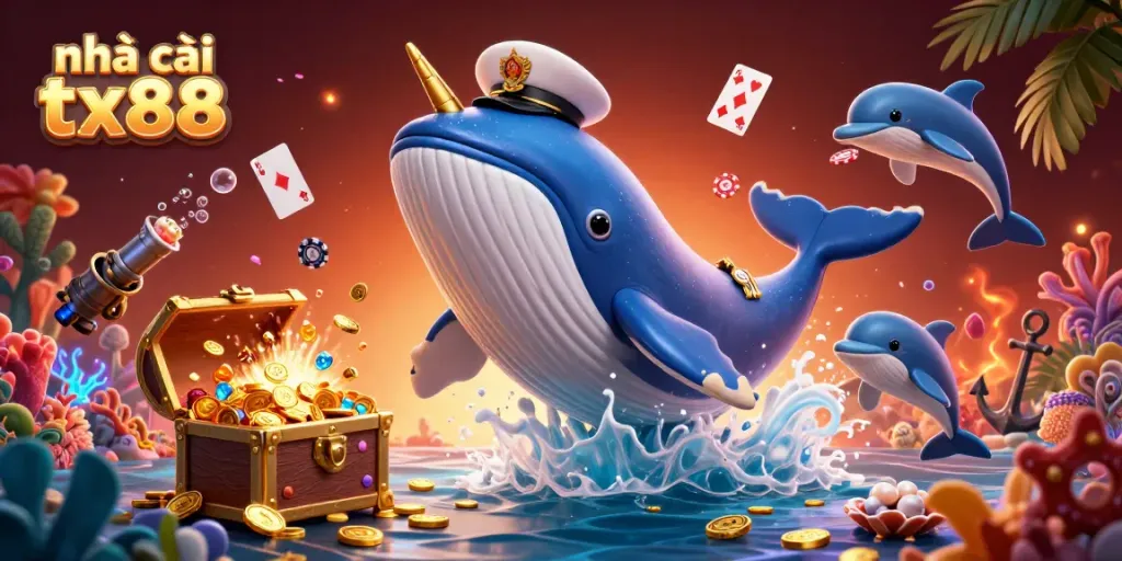 Experience the excitement of nhà cái tx88 with playful dolphins and a majestic whale in a captivating underwater scene.