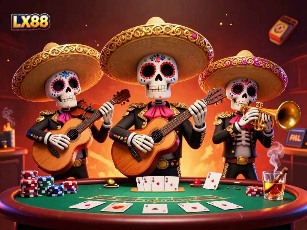 Join the LX88 adventure with a vibrant casino scene featuring festive skeleton mariachi band members surrounded by poker elements, offering an engaging experience.