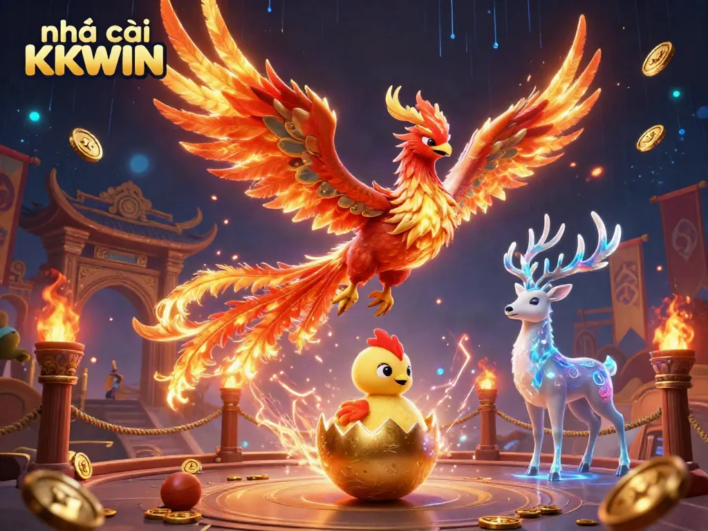 Experience thrilling gameplay and vibrant visuals with nhà cái KKWIN featuring a phoenix and a mystical stag.