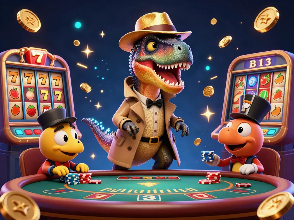 Experience exciting gameplay at online credit card casinos with a cartoon velociraptor hustler and a suspicious pit boss.