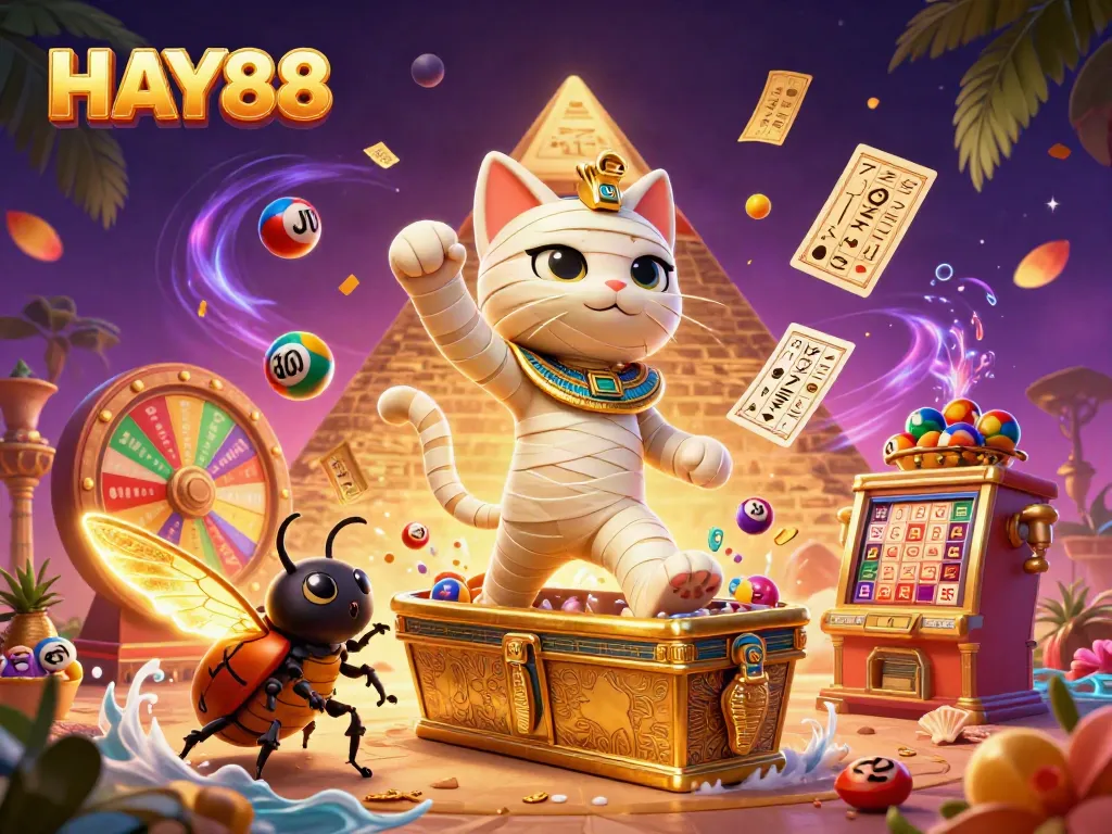 Engage with HAY88 for a vibrant scene featuring a mummy cat and casino elements.