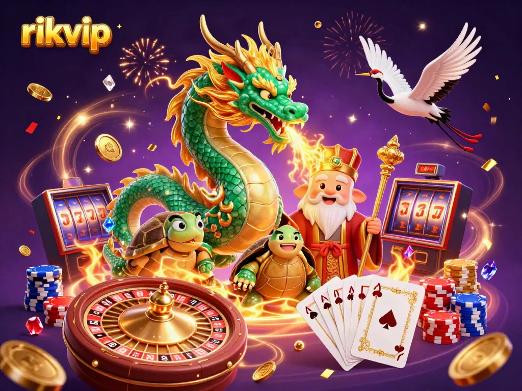 Win big with rikvip, the ultimate gambling experience featuring a dragon, lucky cranes, and gold.